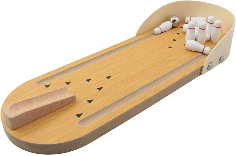 SQXBK 1 Set Desktop Mini Bowling Game Solid Wood Toy 11.6x3.9 inches 1x Wooden Base 10 x Bowling Balls 1 x Ramp 1 x Stainless Steel Ball Bowling Shooting Channel Office Desk Stress Relief Gadget - Image 1